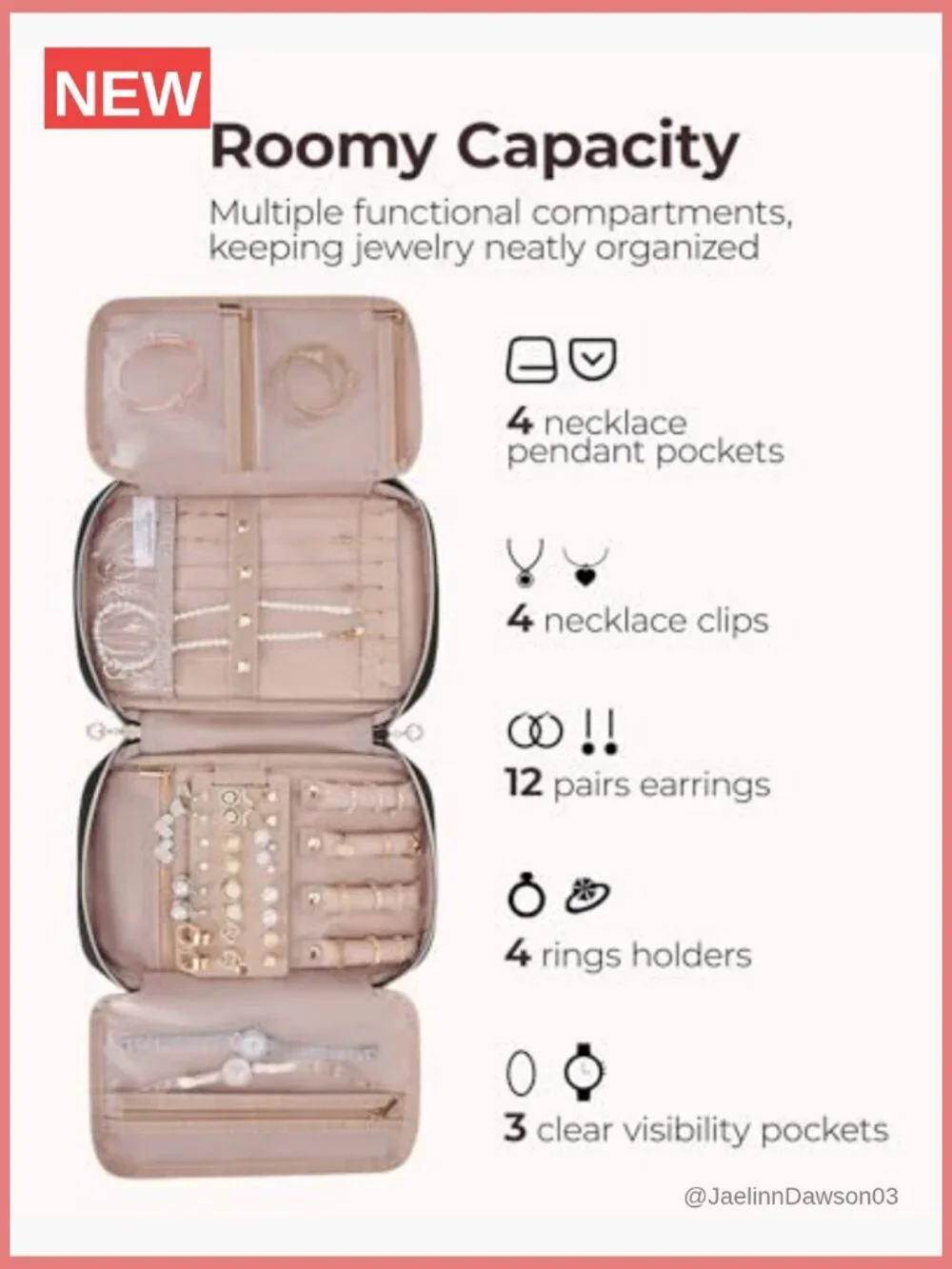 Travel Jewelry Organizer Pouch - 4 Necklace Clips, Earring Roll